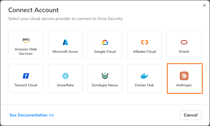 Connect Account dialog with Anthropic selected
